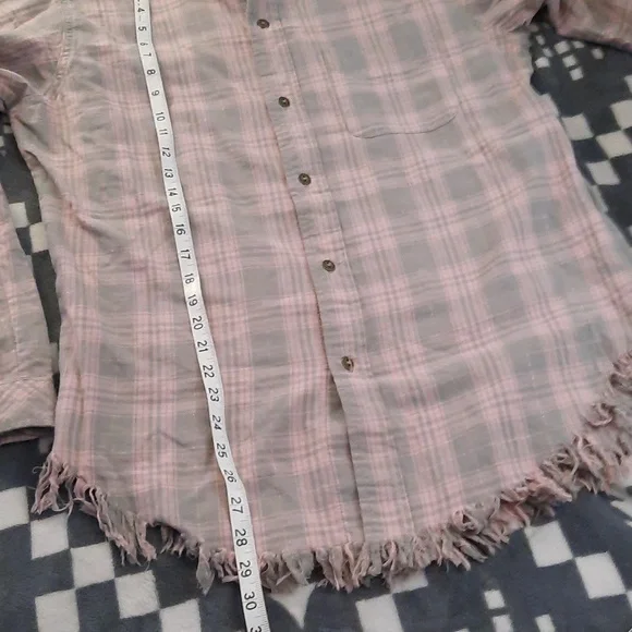 Current/Elliot NWT Prep School Fray Hem Pink Tinsel Plaid Button Up Shirt Size 2 - Picture 5 of 11